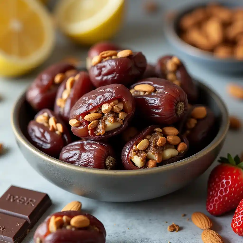 Bowl of stuffed dates with almonds and chocolate, surrounded by fresh ingredients.