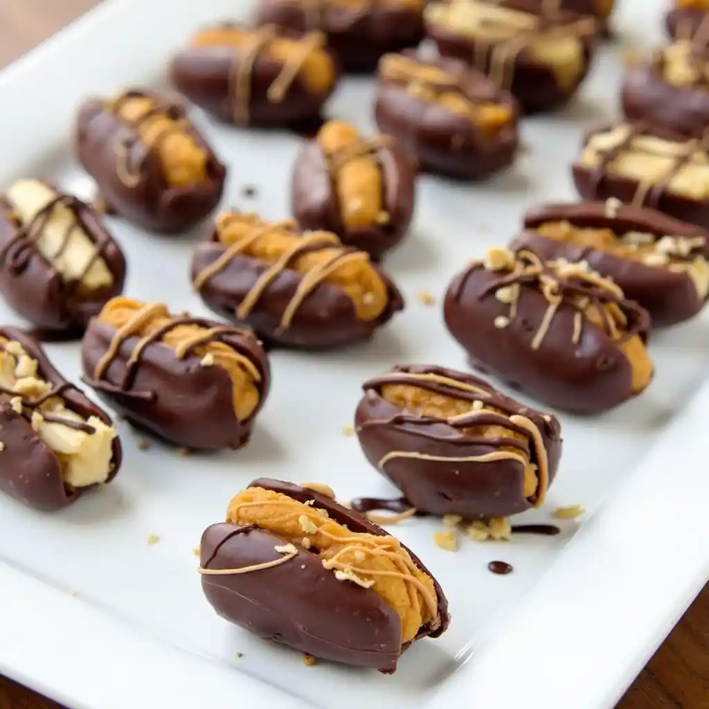 Assorted stuffed dates with almonds, chocolate, and nut butter drizzles.