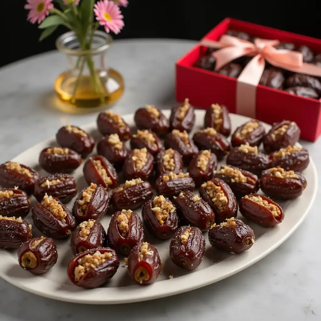 Elegant platter of stuffed dates with edible flowers and a gift box.