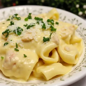 A plate of creamy Chicken Tortellini Alfredo garnished with fresh parsley