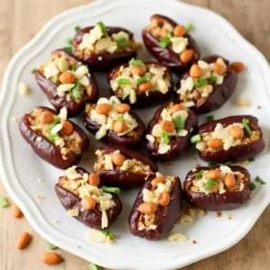 Close-up view of stuffed dates filled with almonds and coated in rich chocolate, garnished with nuts and drizzled with melted chocolate.