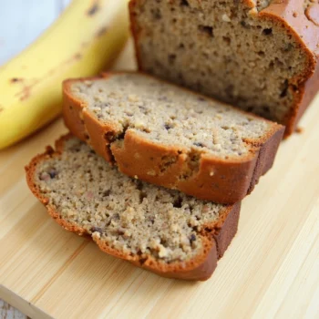 Sliced 3-Ingredient Banana Bread on a wooden cutting board, showing its soft and moist texture with a golden-brown crust.