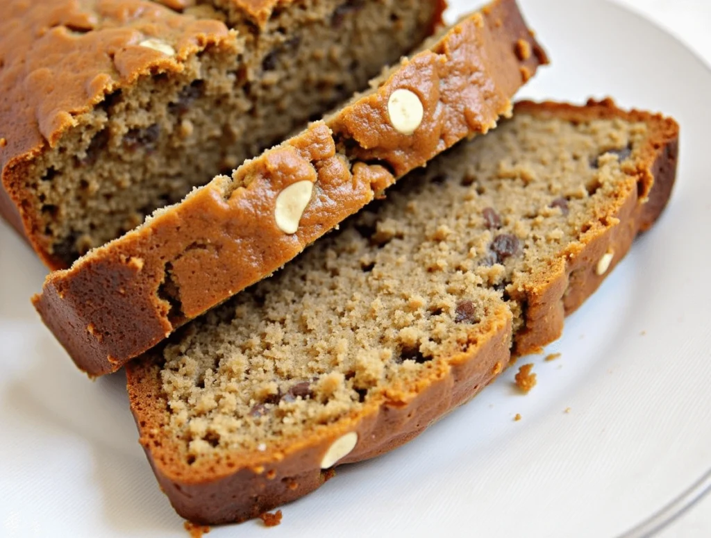 Sliced 3-Ingredient Banana Bread on a wooden cutting board, showing its soft and moist texture with a golden-brown crust.