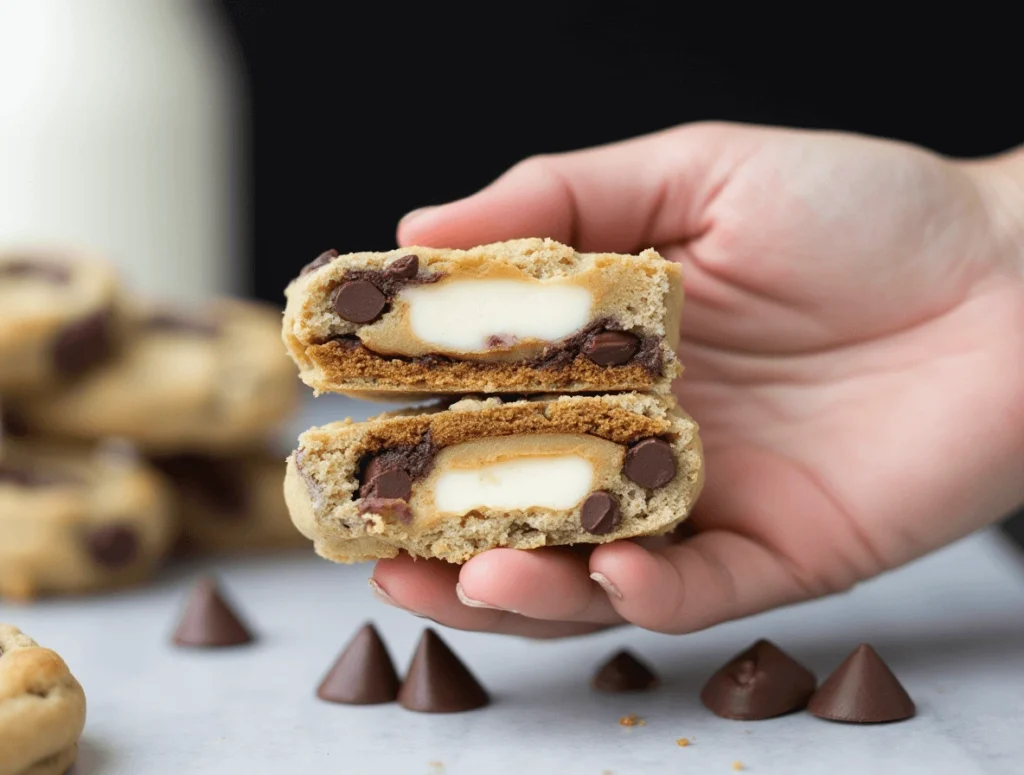 Freshly baked chocolate chip cheesecake cookies with a golden, chewy exterior and a creamy cheesecake filling peeking through.