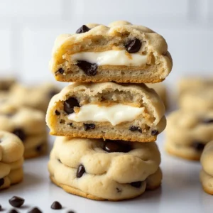 Freshly baked chocolate chip cheesecake cookies with a golden, chewy exterior and a creamy cheesecake filling peeking through.