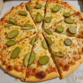 A delicious slice of Pickle Pie Pizza topped with crispy pickles, melted cheese, and a golden crust.