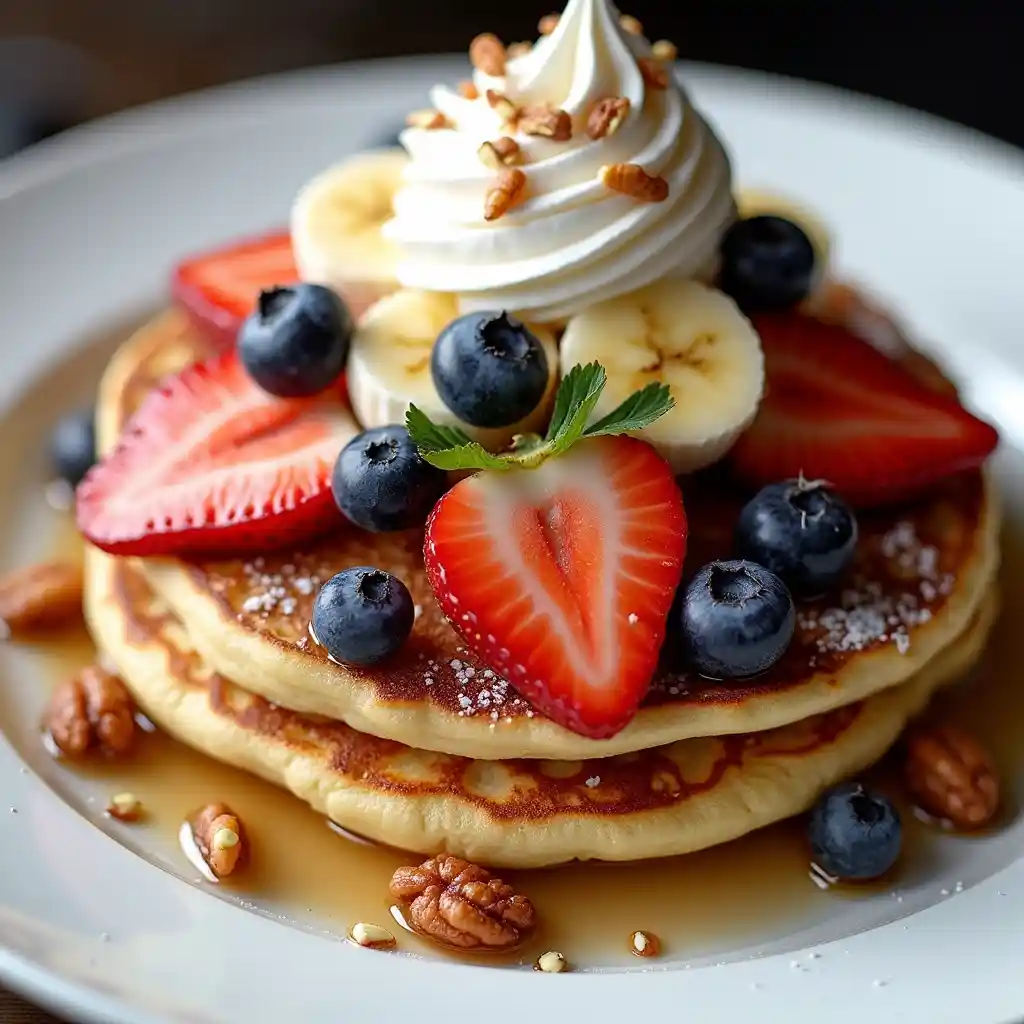 Pancakes topped with fresh berries, whipped cream, and toasted nuts.