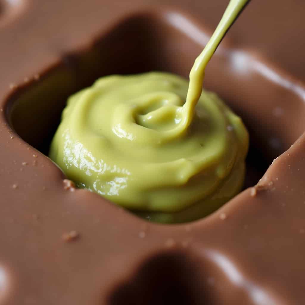 Spreading pistachio filling on top of hardened chocolate in molds.