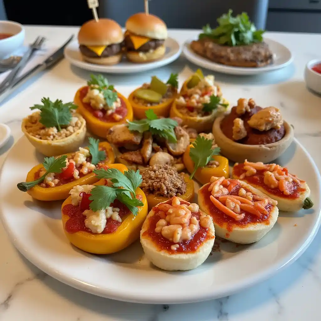 "A plate of mini-sized meals, including mini burgers, small tacos, mini pizzas, and stuffed bell peppers, garnished with fresh toppings and dipping sauces."
