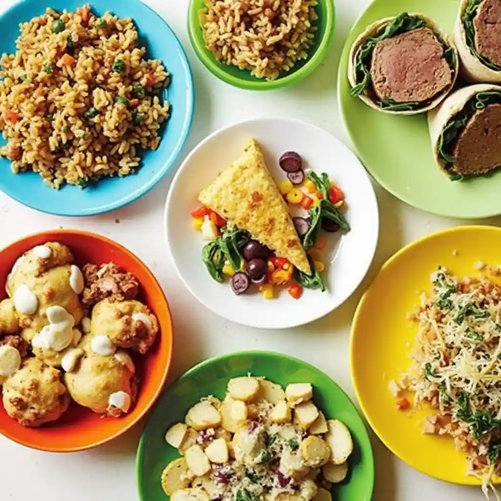 "A spread of reinvented leftovers, including stir-fry with rice, veggies, and chicken, a wrap with roast beef and salad, a frittata with potatoes and cheese, and a pasta salad."