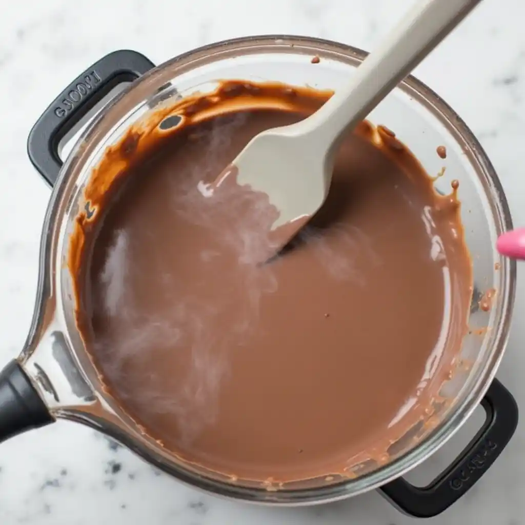 Melted milk chocolate in a double boiler, with steam rising as it melts