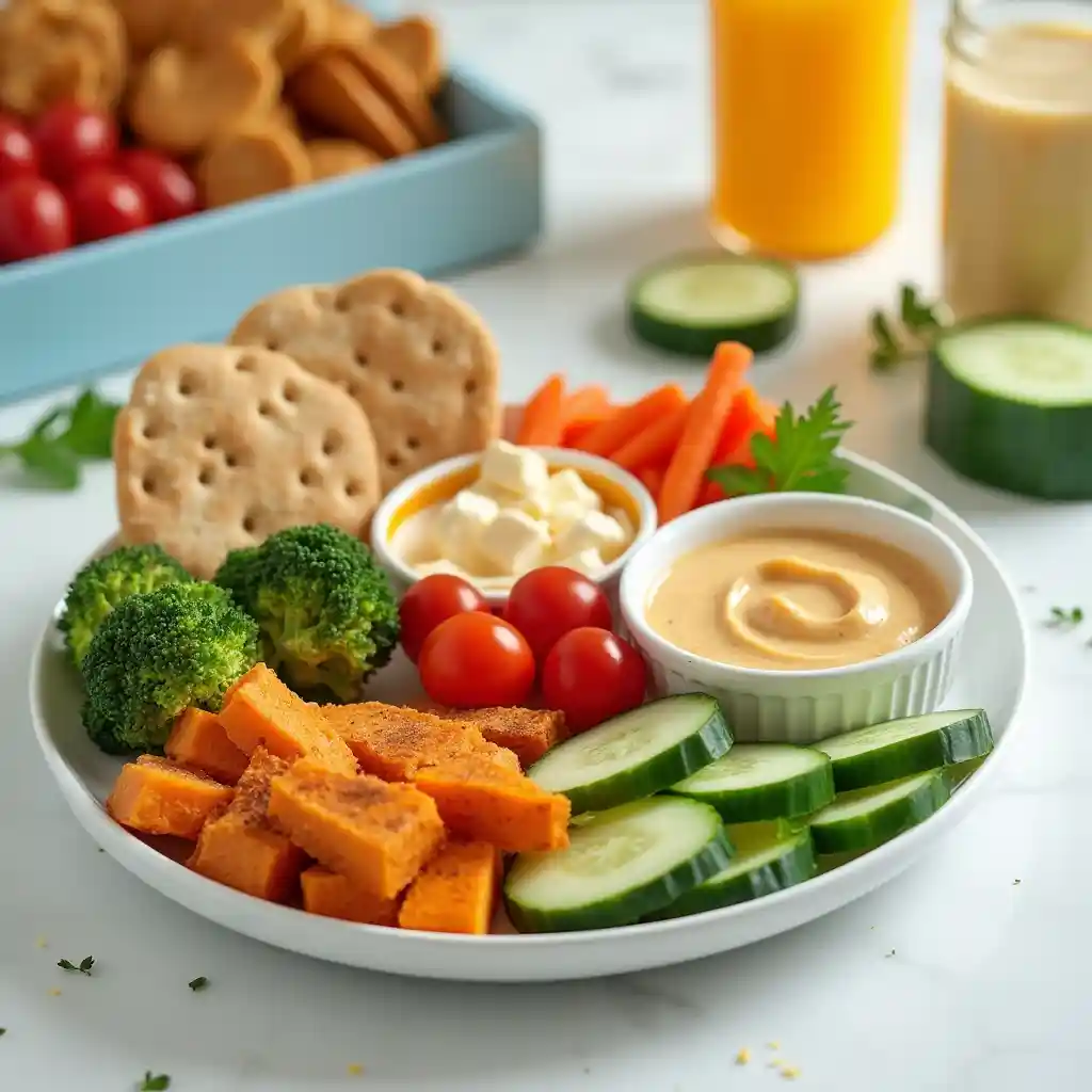 "A DIY lunch kit for kids with compartments for whole grain crackers, turkey slices, cheese cubes, mini pita bread, veggies, and hummus, ready to be assembled."