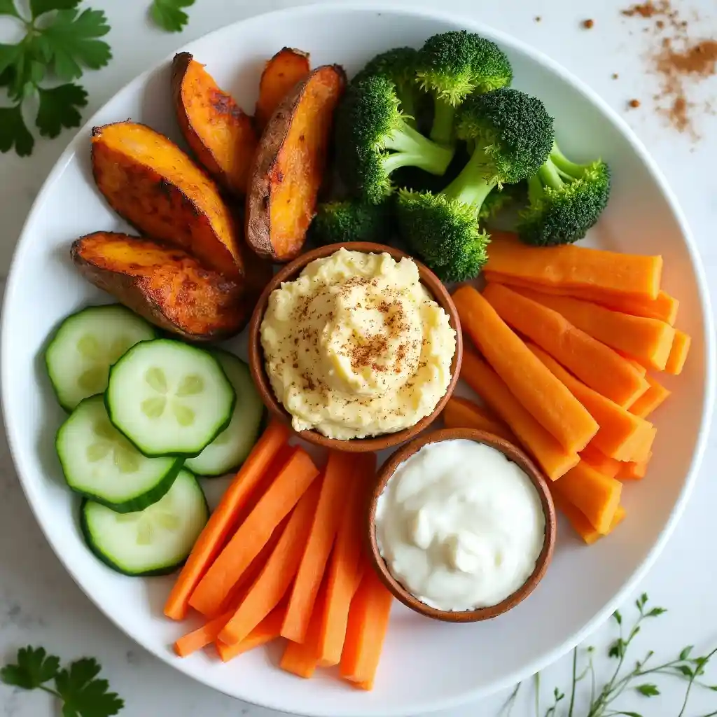 "A plate of vegetables like sweet potato wedges, broccoli, carrot sticks, and cucumber slices, each paired with familiar flavors like cheese sauce, hummus, and ranch dressing."