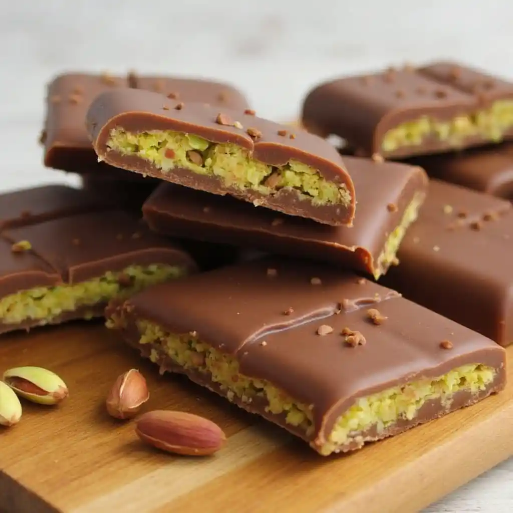 A plate of finished pistachio chocolate bars, showcasing their glossy finish and crunchy filling
