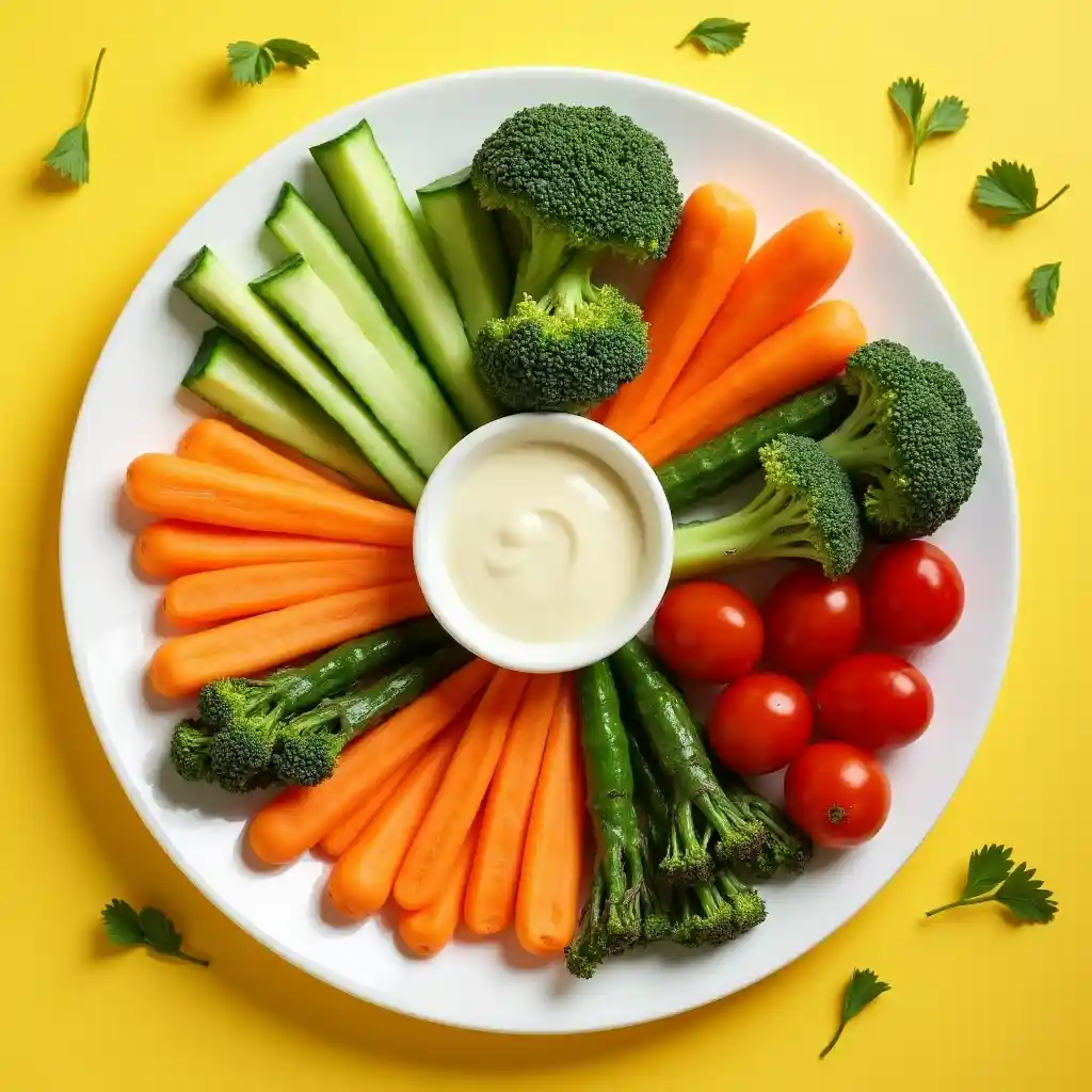 "A plate of vegetables arranged in fun shapes, including star-shaped carrot sticks, spiral cucumber slices, flower-shaped broccoli, and cherry tomatoes, served with a dip."