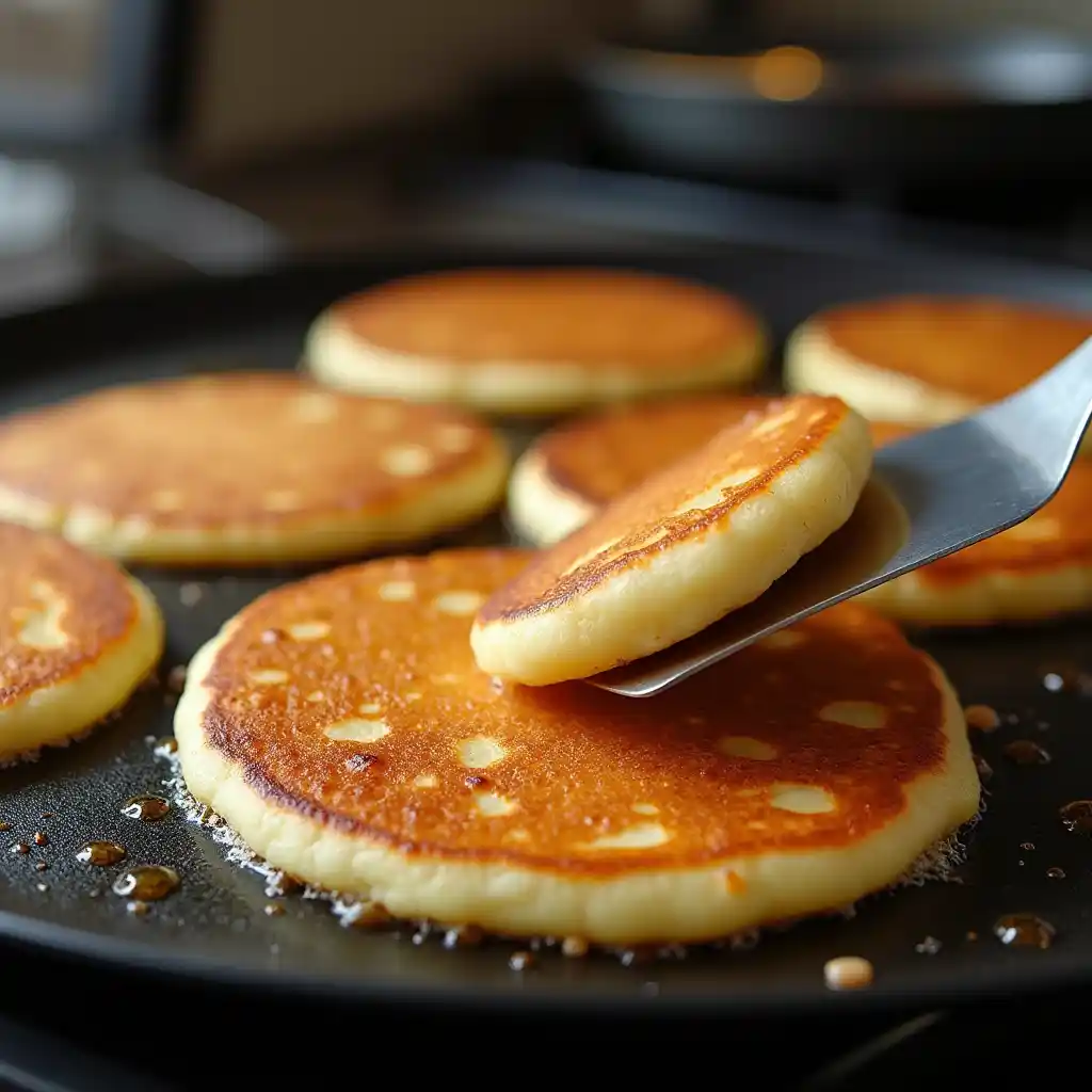 Pancakes cooking on a griddle with bubbles forming on the surface