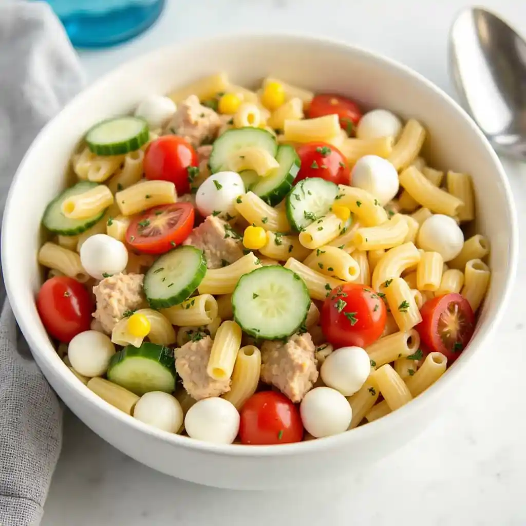 "A vibrant 10-minute pasta salad with elbow macaroni, cherry tomatoes, cucumbers, mozzarella balls, sweet corn, and chicken, dressed with a creamy dressing."