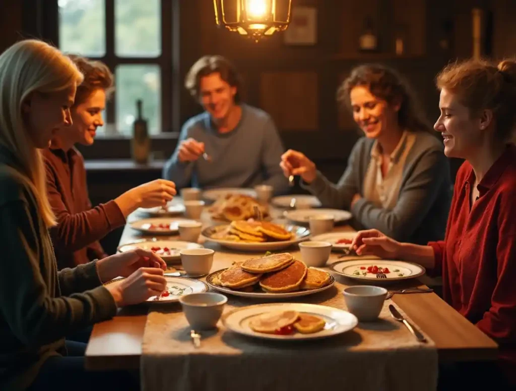 Community gathering sharing pancakes at a rustic feast.
