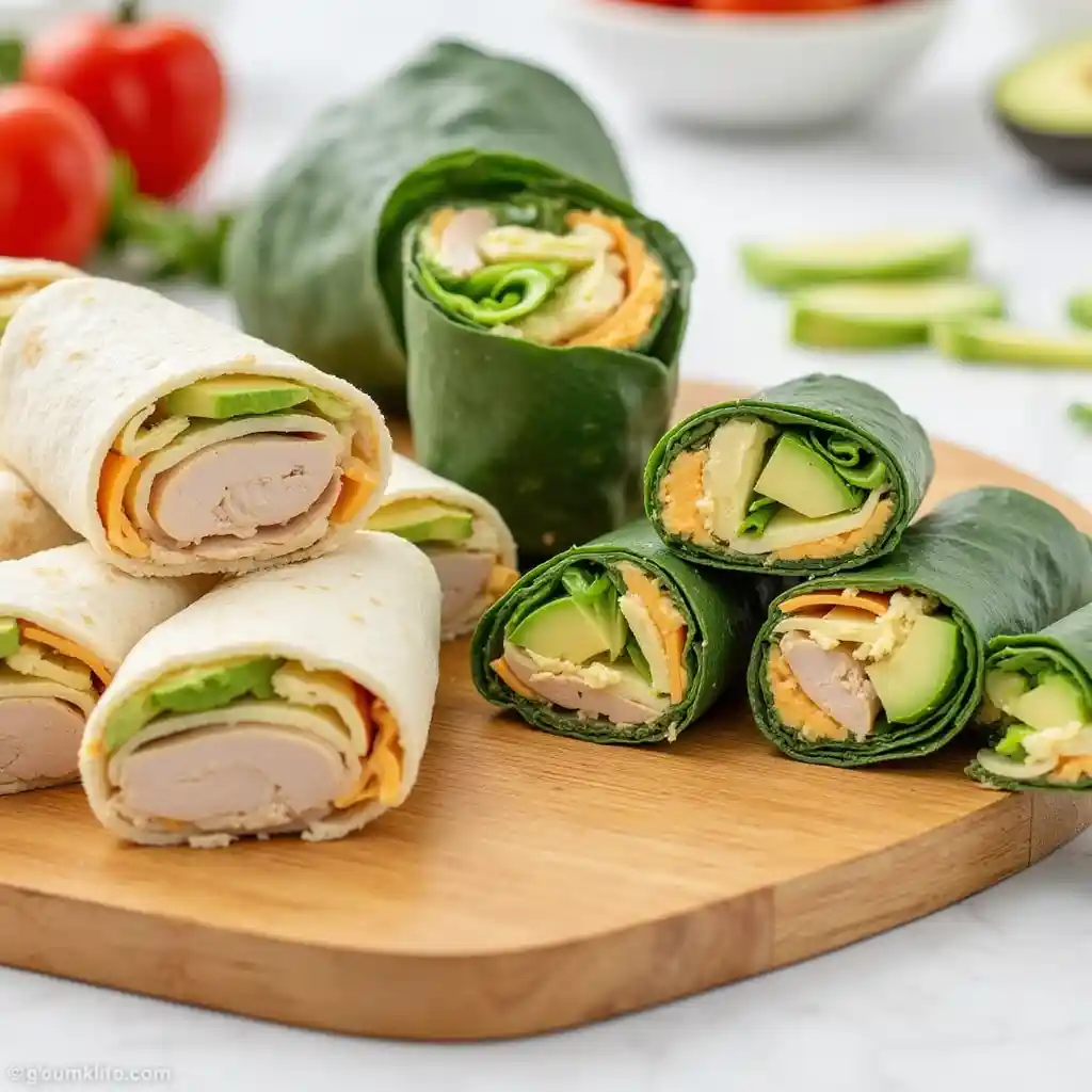 Quick lunch ideas for picky eaters to try today"A variety of simple wraps and roll-ups with customizable fillings like turkey, cheese, lettuce, cucumber, and avocado, neatly arranged on a cutting board."