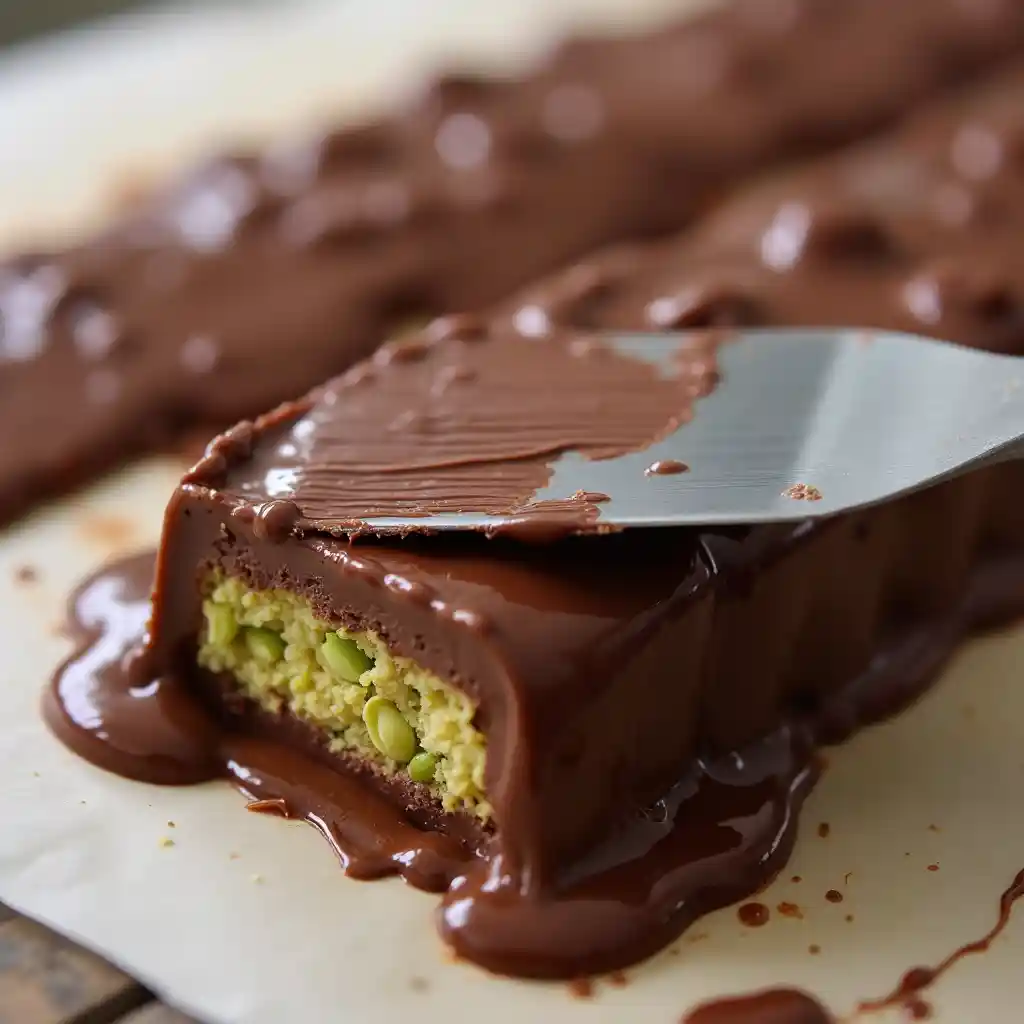 Smoothing melted chocolate with an offset spatula and scraping excess with a bench scraper