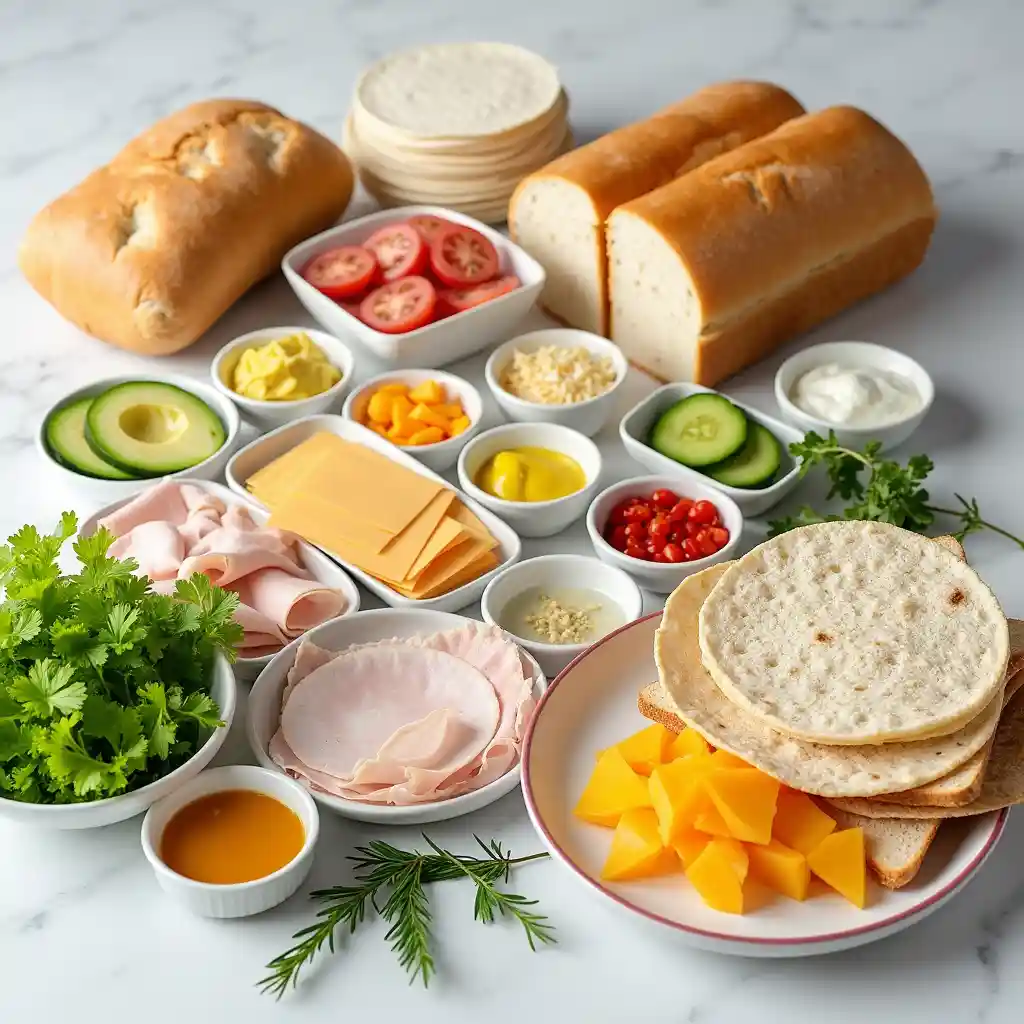 "A variety of ingredients for build-your-own sandwiches and wraps, including bread, tortillas, deli meats, cheeses, vegetables, and condiments, ready for assembly."