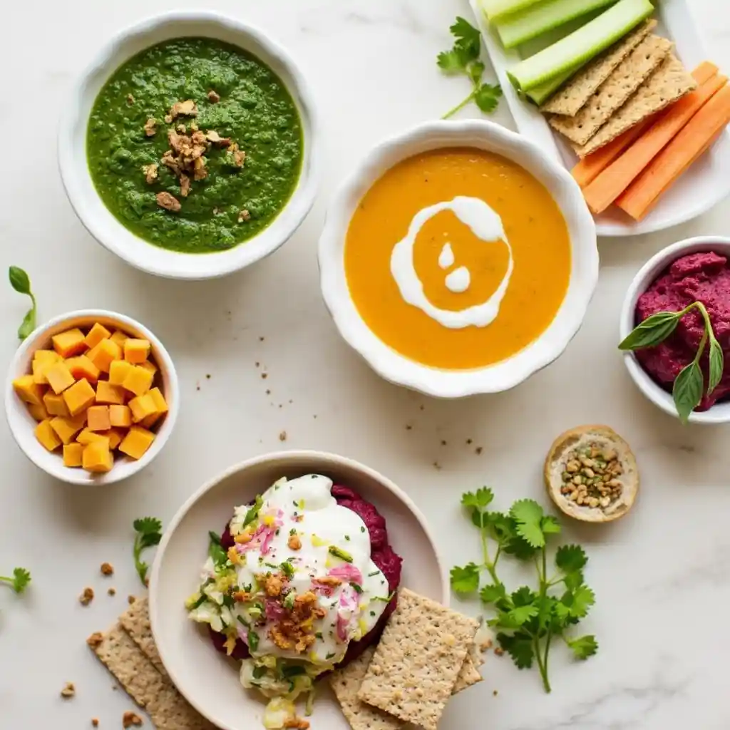 "A variety of sneaky veggie blends including pesto sauce, butternut squash soup, and a beet and carrot dip, served with veggie sticks and crackers."