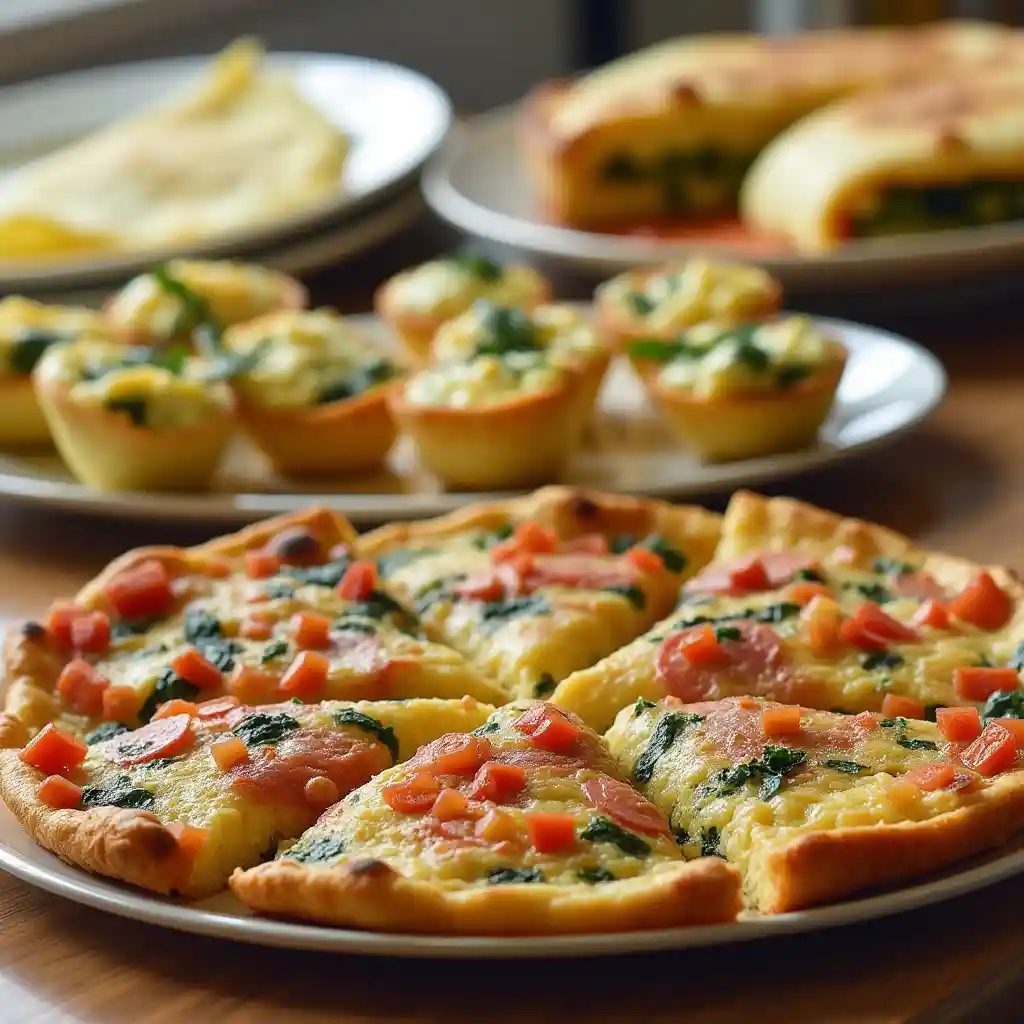 "A variety of egg-based dishes including a vegetable omelet, mini egg muffins with spinach and cheese, and a colorful frittata with tomatoes, peppers, and onions."