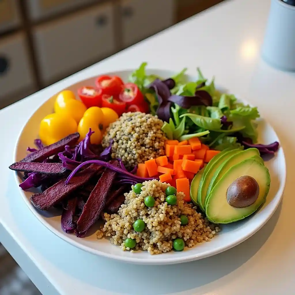 "A colorful meal with red tomatoes, yellow bell peppers, green lettuce, purple cabbage, orange carrots, sweet potato fries, quinoa, and avocado slices, arranged to catch attention."