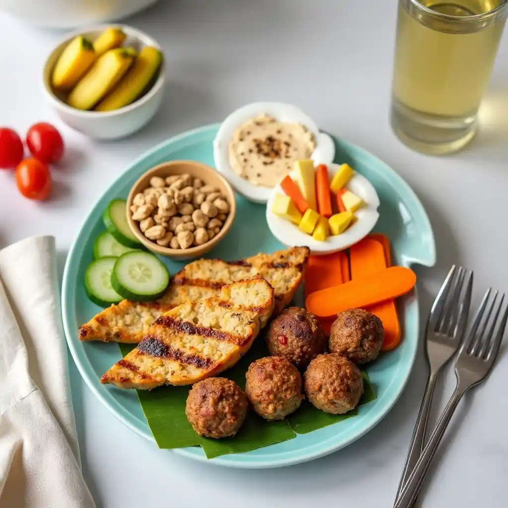 "A plate of protein-packed foods like grilled chicken, hard-boiled eggs, hummus with veggies, Greek yogurt with granola, and turkey meatballs, offering a quick and nutritious meal."