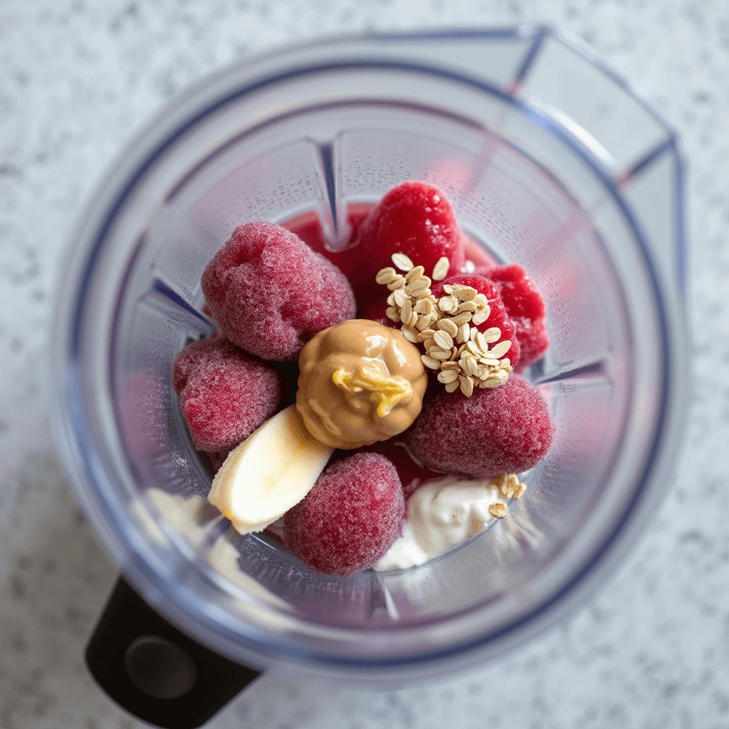 A glass of creamy Greek yogurt smoothie topped with fresh berries and a drizzle of honey.