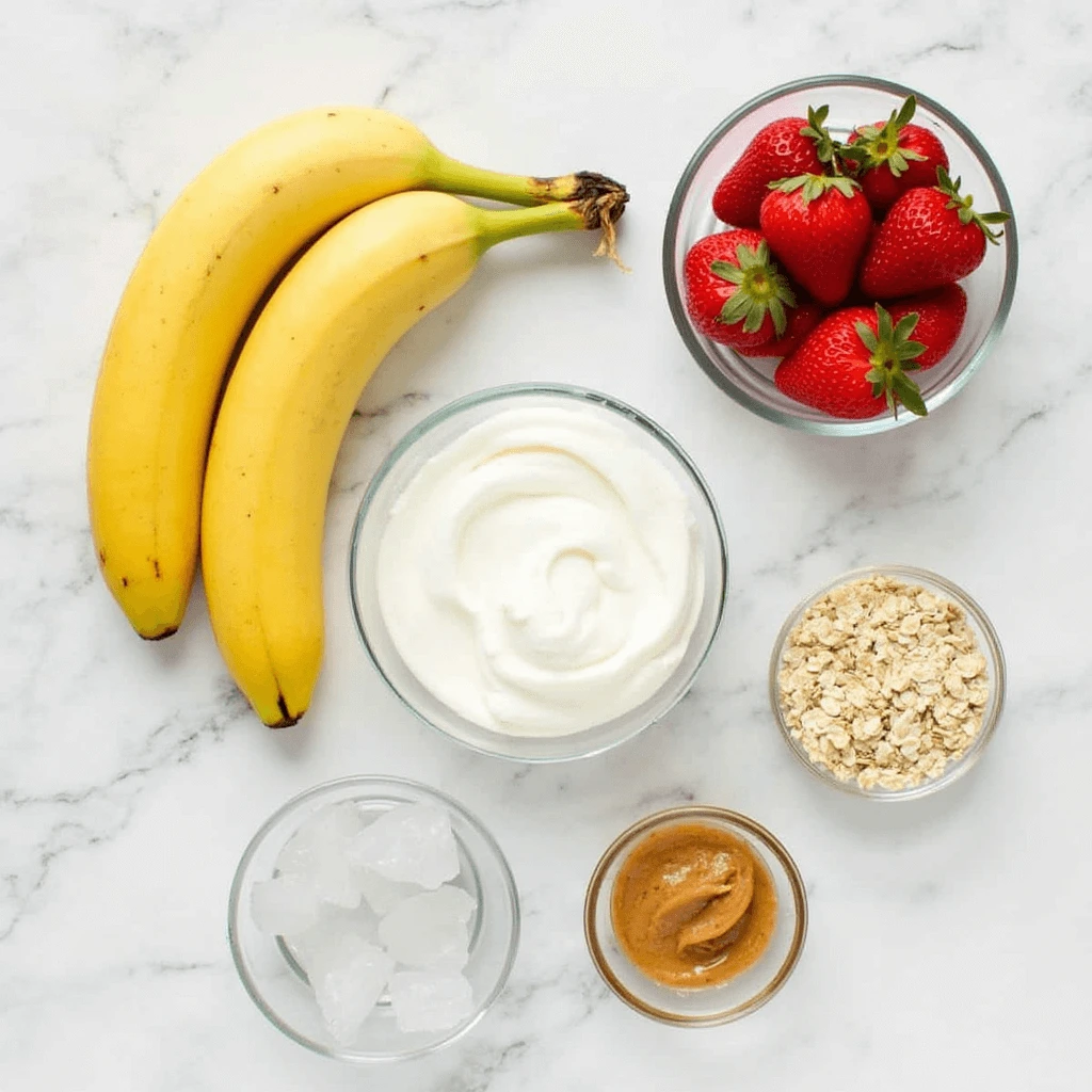 A glass of creamy Greek yogurt smoothie topped with fresh berries and a drizzle of honey.