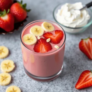 A glass of creamy Greek yogurt smoothie topped with fresh berries and a drizzle of honey.