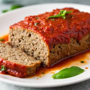 Homemade Italian meatloaf served with marinara sauce and fresh herbs on a plate.