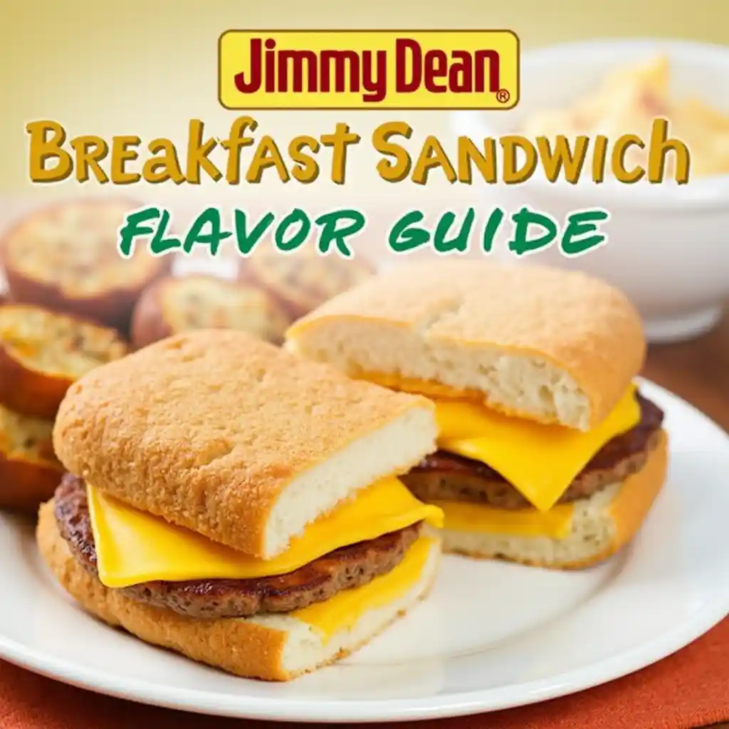 A vibrant and colorful Jimmy Dean Breakfast Sandwich Flavor Guide, showcasing a variety of sandwiches, including sausage, egg, and cheese, with different flavor combinations displayed on a kitchen countertop.