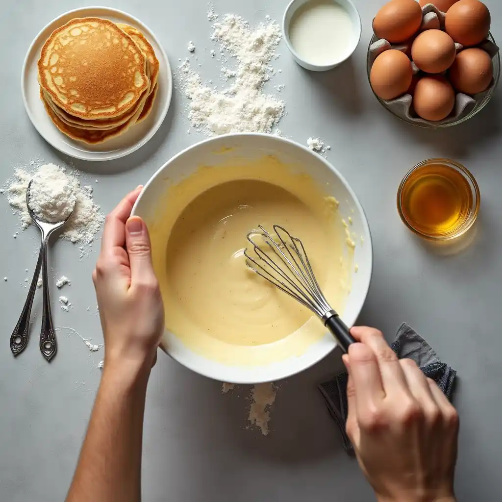 Mixing pancake batter with ingredients like flour, eggs, and milk.
