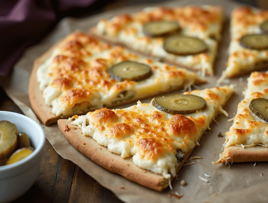 A delicious slice of Pickle Pie Pizza topped with crispy pickles, melted cheese, and a golden crust.
