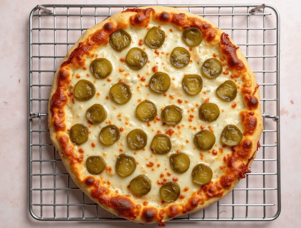 A delicious slice of Pickle Pie Pizza topped with crispy pickles, melted cheese, and a golden crust.