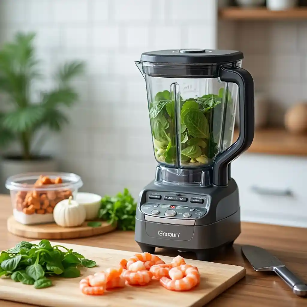 "Blending fish food ingredients in a blender for a perfect mix."