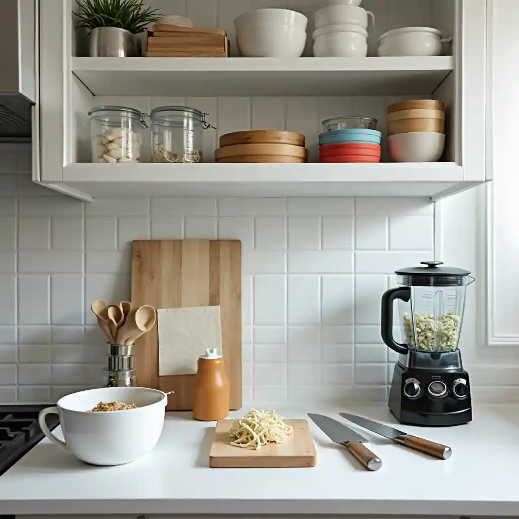 "Clean, organized kitchen workspace with tools and utensils for preparing homemade fish food."