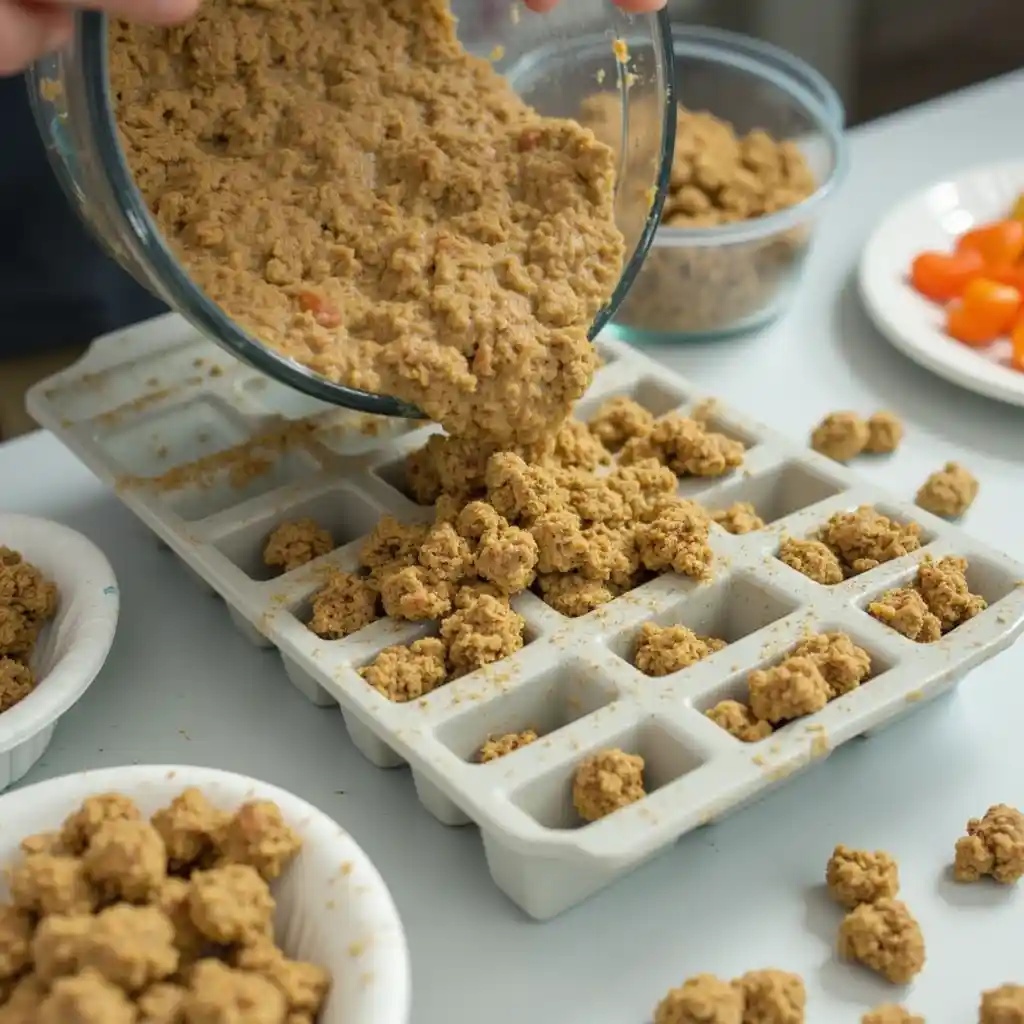 "Shaping homemade fish food in ice cube trays for freezing and storage."