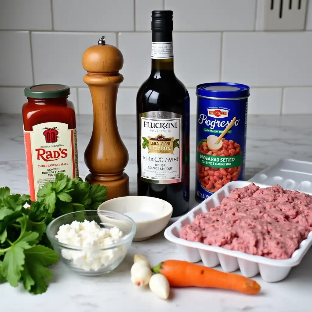 Fresh ingredients for Italian meatloaf including ground beef, pork, breadcrumbs, marinara sauce, and Italian herbs