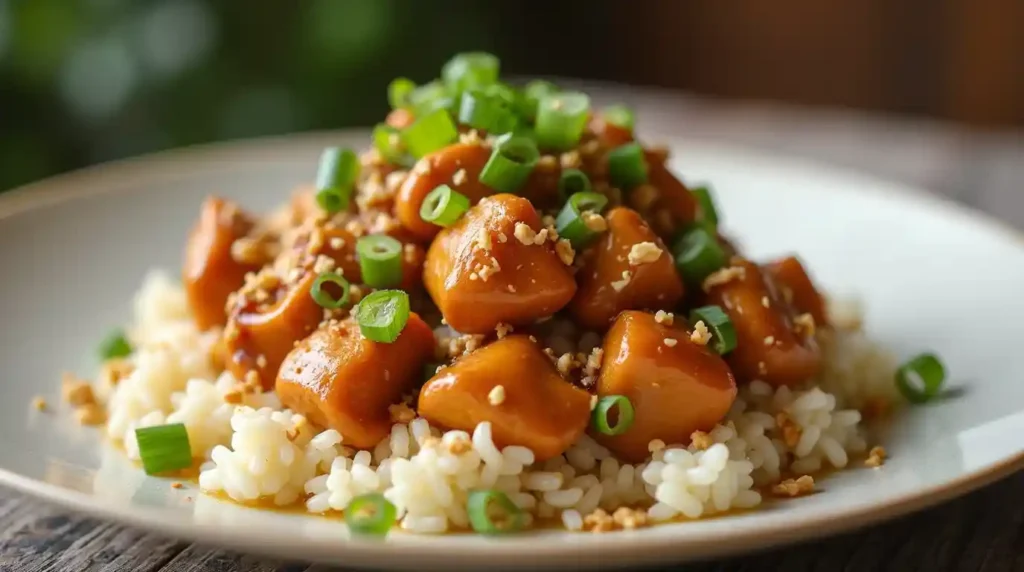 A plate of peanut butter chicken, garnished with scallions and peanuts.