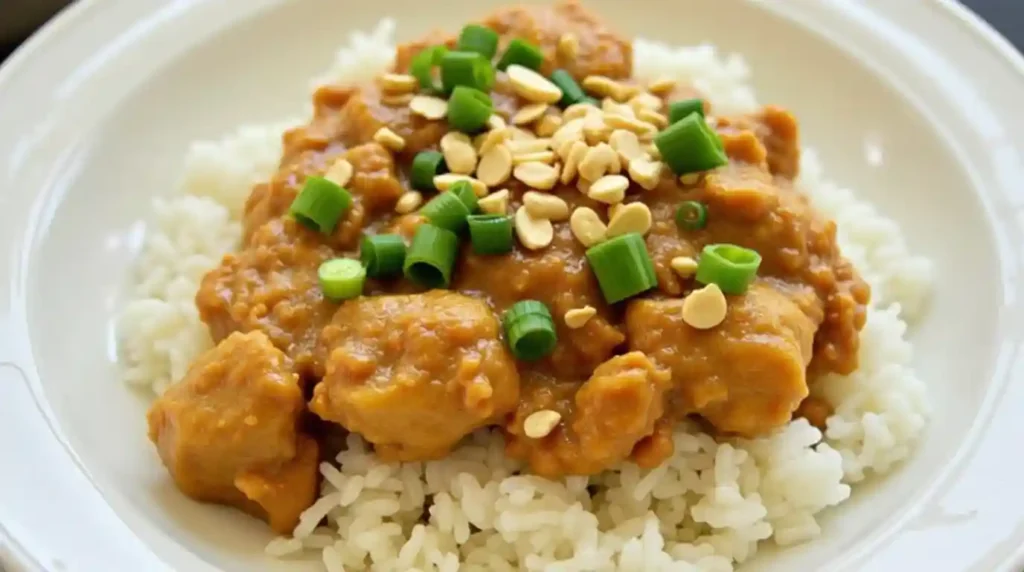 A portion of peanut butter chicken in a freezer-safe container, labeled with the date, ready to be frozen.