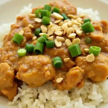 A portion of peanut butter chicken in a freezer-safe container, labeled with the date, ready to be frozen.