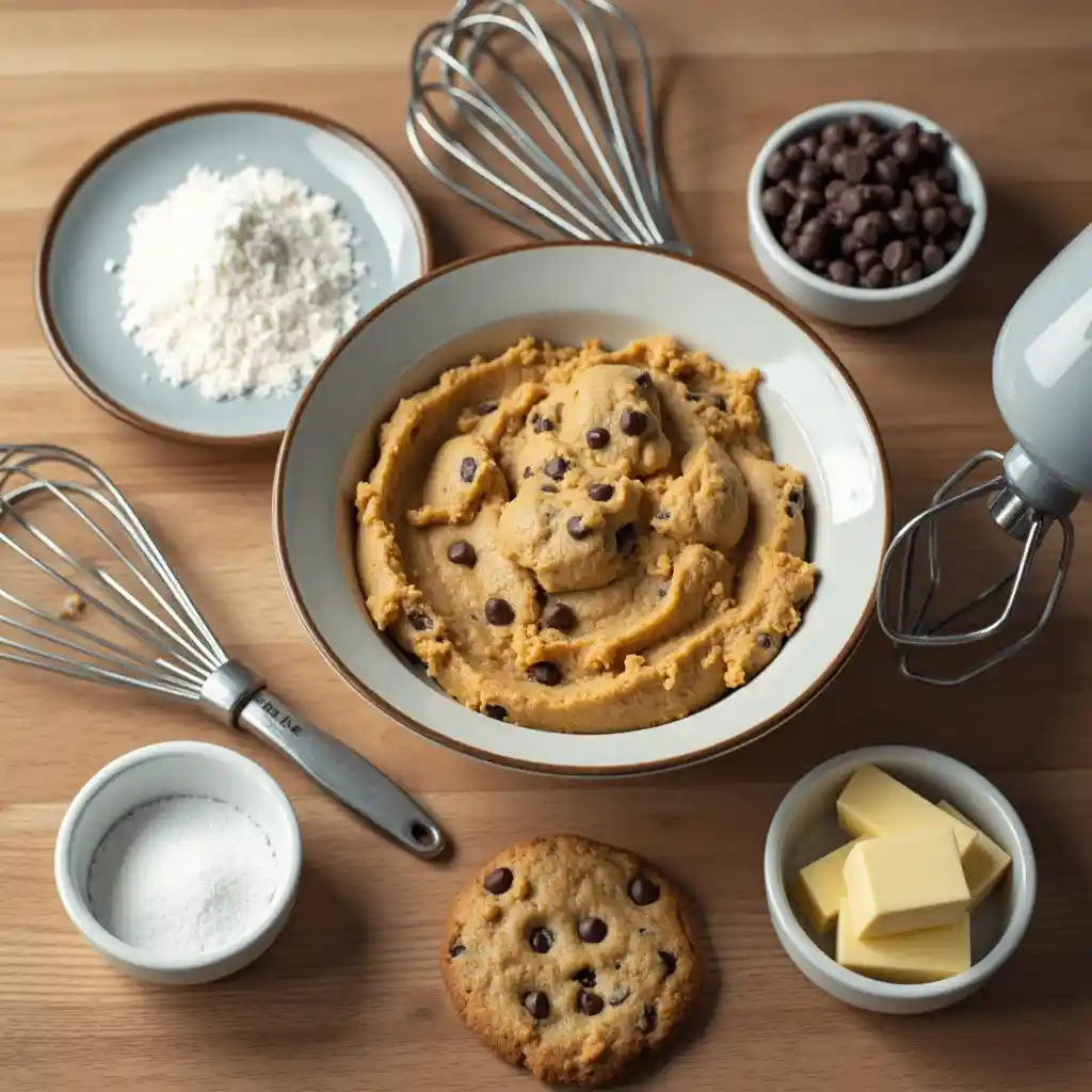 A kitchen workspace prepared for baking Disney chocolate chip cookies, showcasing ingredients and tools for a step-by-step cookie-making process.