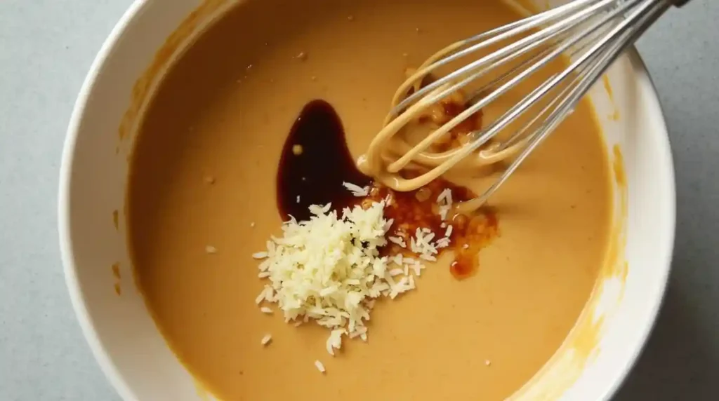 A smooth, velvety peanut butter sauce being whisked together in a bowl.