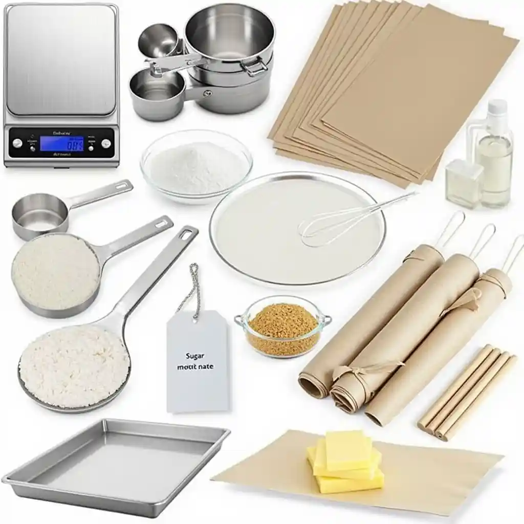 Essential tools for metric baking, including a digital kitchen scale, measuring cups, baking sheets, silicone mats, and parchment paper for precision baking.