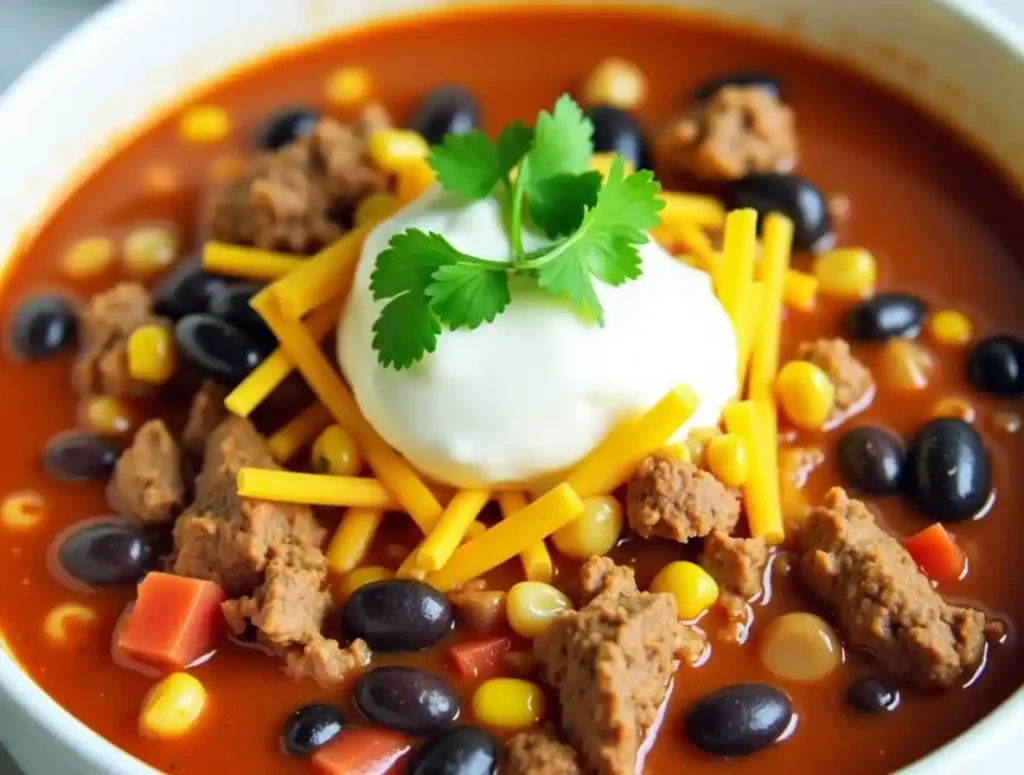 Bowl of Taco Soup Frios with protein options, beans, corn, and topped with cheese, sour cream, and cilantro.