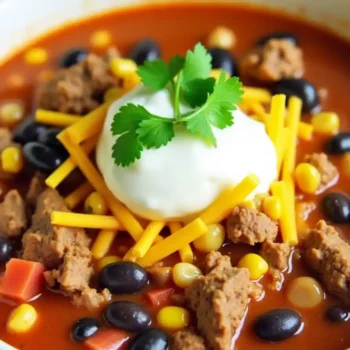 Bowl of Taco Soup Frios with protein options, beans, corn, and topped with cheese, sour cream, and cilantro.