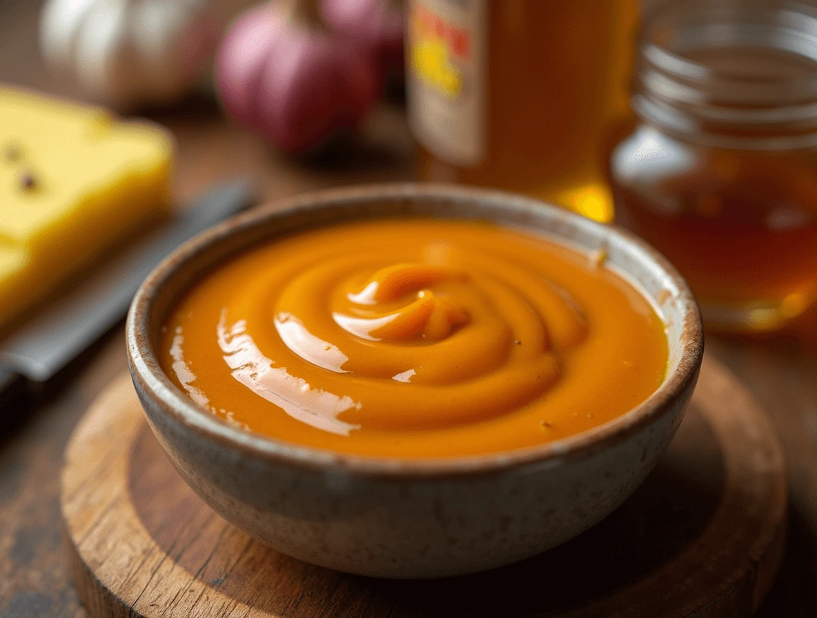 A jar of Carolina Gold BBQ Sauce surrounded by fresh ingredients like mustard, honey, and garlic on a rustic wooden table.